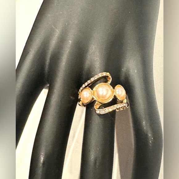 Gold Tone with Faux Pearls and CZ’s Statement Ring - One Size Stretch Back - Picture 2 of 4